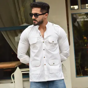 White Cotton Self Print Hunting Style Shirt - Buy Luxury Safari Wear | Jaipurio